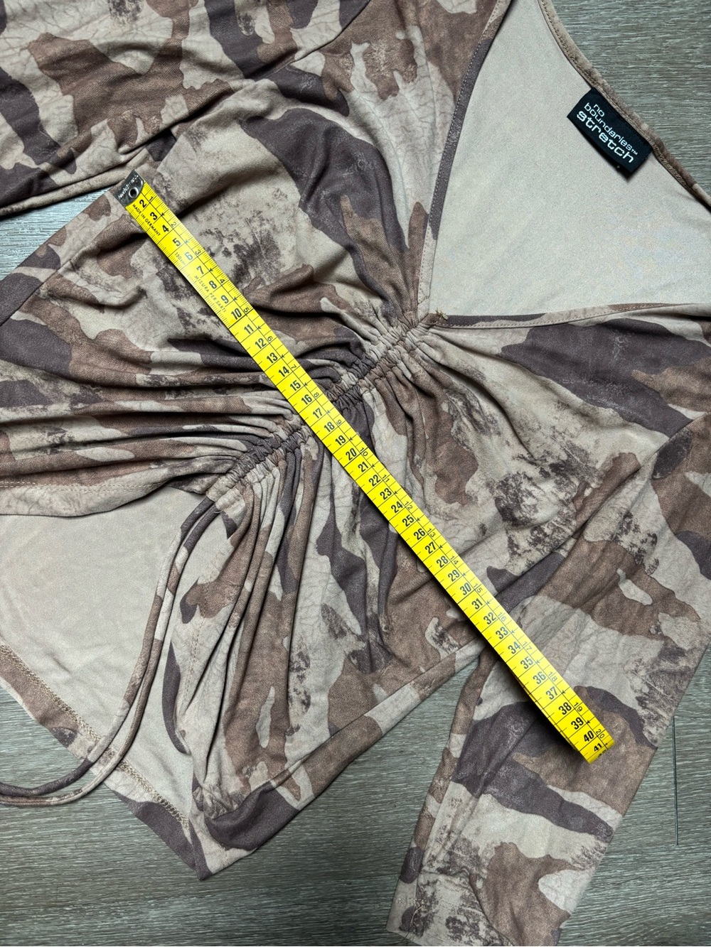 No Boundaries Brown Camo Ruched V‑Neck Long Sleeve Top